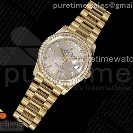GM공장 롤렉스 데이데이트 36 옐로우골드 금통 그레이다이얼 2836 Day Date 40 YG 904L Steel Diamonds Bezel GMF 1:1 Best Edition Gray Diamonds Dial on YG Bracelet A2836
