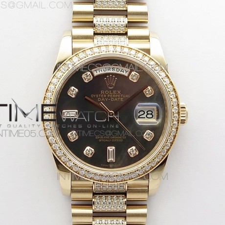 BP공장 롤렉스 데이데이트 36미리 로골 자개다이얼 2836 Day-Date 36 128235 RG/Crystal BP Best Edition Black MOP Crystal Markers Dial on RG President Bracelet A2836