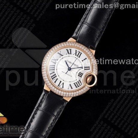 AF공장 까르띠에 발롱블루 33mm 로즈골드금통 다이아케이스 화이트다이얼 블랙가죽스트랩 Ballon Bleu 33mm RG AF 1:1 Best Edition Silver Dial Diamonds Bezel on Black Leather Strap SEIKO NH05A