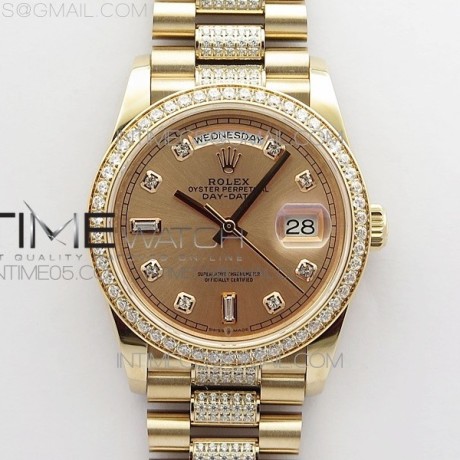 BP공장 롤렉스 데이데이트 36미리 로골 로골다이얼 2836 Day-Date 36 128235 RG/Crystal BP Best Edition RG Crystal Marker Dial on RG President Bracelet A2836