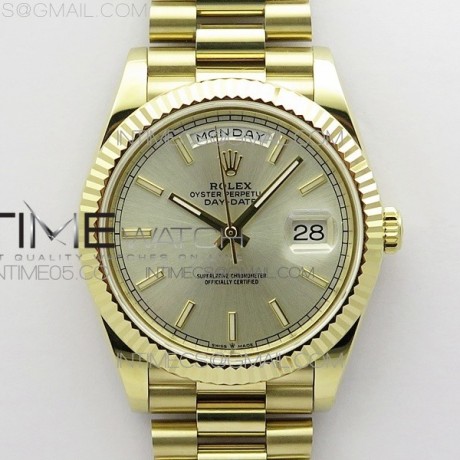 BP공장  롤렉스 데이데이트 40 옐로우골드 금통 실버다이얼 2836 Day-Date 40mm 228239 BP New Dial Version 904 YG Silver Sticks Markers Dial on YG President Bracelet A2836