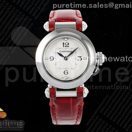 AF공장 까르띠에 파샤 30mm 스틸 화이트다이얼 레드가죽스트랩 Pasha 30mm SS AF 1:1 Best Edition White Textured Dial on Red Leather Strap Jaq Quartz