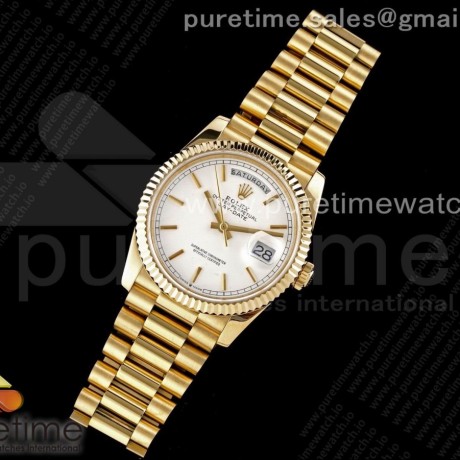 GM공장  롤렉스 데이데이트 40 옐로우골드 금통 화이트다이얼 2836 Day Date 40 YG 904L Steel Fluted Bezel GMF 1:1 Best Edition White Stick Dial on YG Bracelet A2836