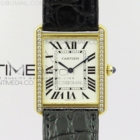 AF공장 까르띠에 탱크솔로 27 라지 다이아베젤 옐로우골드금장 화이트다이얼 가죽스트랩 TANK SOLO LADIES 27MM DIA BEZEL WHITE DIAL ON BLACK LEATHER STRAP RONDA QUARTZ