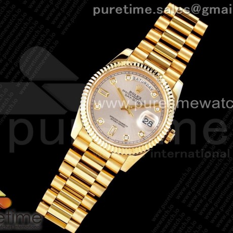 GM공장  롤렉스 데이데이트 40 옐로우골드 금통 실버다이얼 2836 Day Date 40 YG 904L Steel Fluted Bezel GMF 1:1 Best Edition Silver Diamonds Dial on YG Bracelet A2836