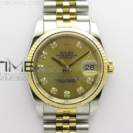 DJ공장 롤렉스 데이저스트 36 옐로우골드콤비 샴페인다이얼 2824 Datejust 36mm 116234 904L SS/YG DJF 1:1 Best Edition YG Dial Diamonds Markers On SS Jubilee Bracelet A2824
