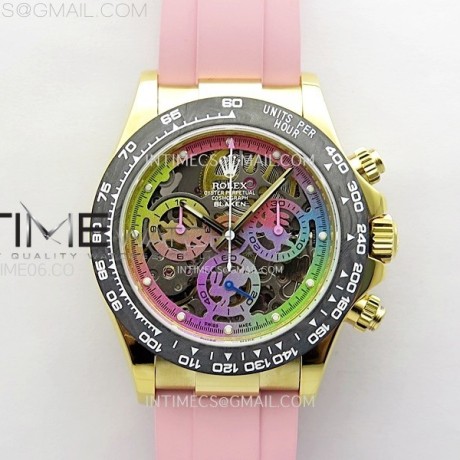 GET공장 롤렉스 데이토나 옐로우골드금통 컬러스켈레톤다이얼 러버스트랩 Daytona PVD Carbon Bezel YG GETF Best Blacken Skeleton Color Dial on Pink Rubber Strap SA4130