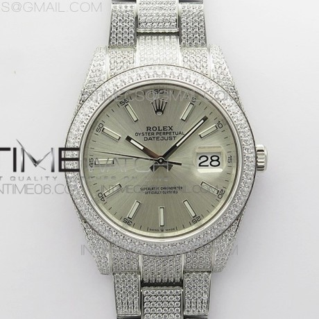 BP공장 롤렉스 데이저스트 41 다이아몬드풀파베 실버다이얼 브레이슬릿 DateJust 41 126334 904 Full Paved Diamonds BP Best Edition Silver Dial Sticks Markers on Oyster Bracelet A2824