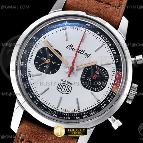 BLS공장 브라이틀링 탑타임 DEUS 크로노그래프 스틸 화이트다이얼 가죽스트랩 Top Time Dues Chrono SS/LE Cream/Stk BLS A7750