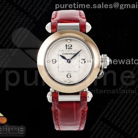 AF공장 까르띠에 파샤 30mm 로즈골드콤비 화이트다이얼 레드가죽스트랩 Pasha 30mm SS/RG AF 1:1 Best Edition White Textured Dial on Red Leather Strap Jaq Quartz