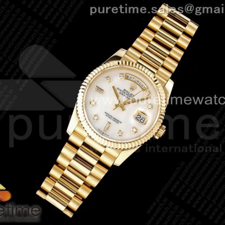 GM공장  롤렉스 데이데이트 40 옐로우골드 금통 자개다이얼 2836 Day Date 40 YG 904L Steel Fluted Bezel GMF 1:1 Best Edition White MOP Diamonds Dial on YG Bracelet A2836