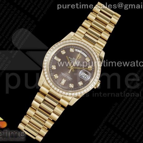 GM공장 롤렉스 데이데이트 36 옐로우골드금통 브라운다이얼 2836 Day Date 36 YG 904L Steel Diamonds Bezel GMF 1:1 Best Edition Brown Diamonds Dial on YG Bracelet A2836