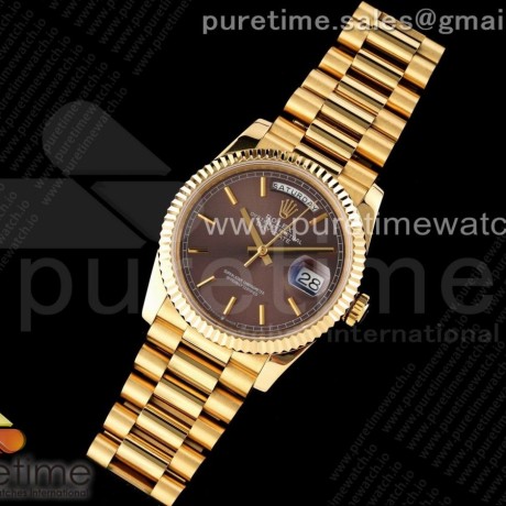 GM공장  롤렉스 데이데이트 40 옐로우골드 금통 브라운다이얼 2836 Day Date 40 YG 904L Steel Fluted Bezel GMF 1:1 Best Edition Brown Stick Dial on YG Bracelet A2836