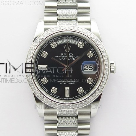 BP공장 롤렉스 데이데이트 36미리 블랙다이얼 2836 Day-Date 36 128239 SS/Crystal BP Best Edition Black Crystal Markers Dial on SS President Bracelet A2836