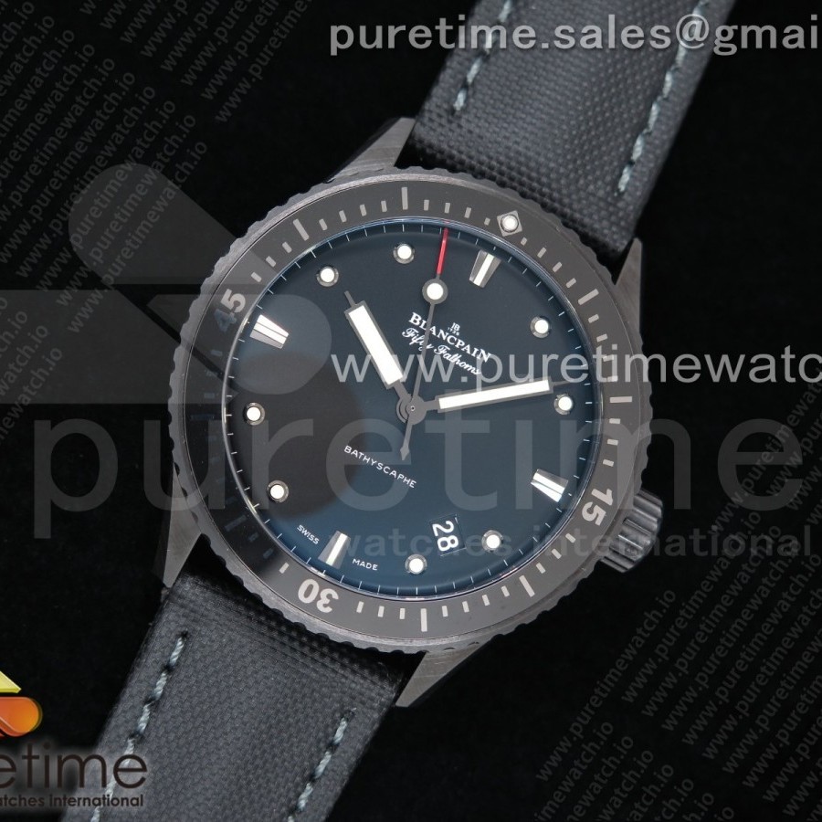 ZF공장 블랑팡 피프티패덤즈 바티스카프 세라믹 블랙다이얼 직물스트랩 Fifty Fathoms Bathyscaphe Black Ceramic Black Dial on Black Sail-Canvas Strap A1315