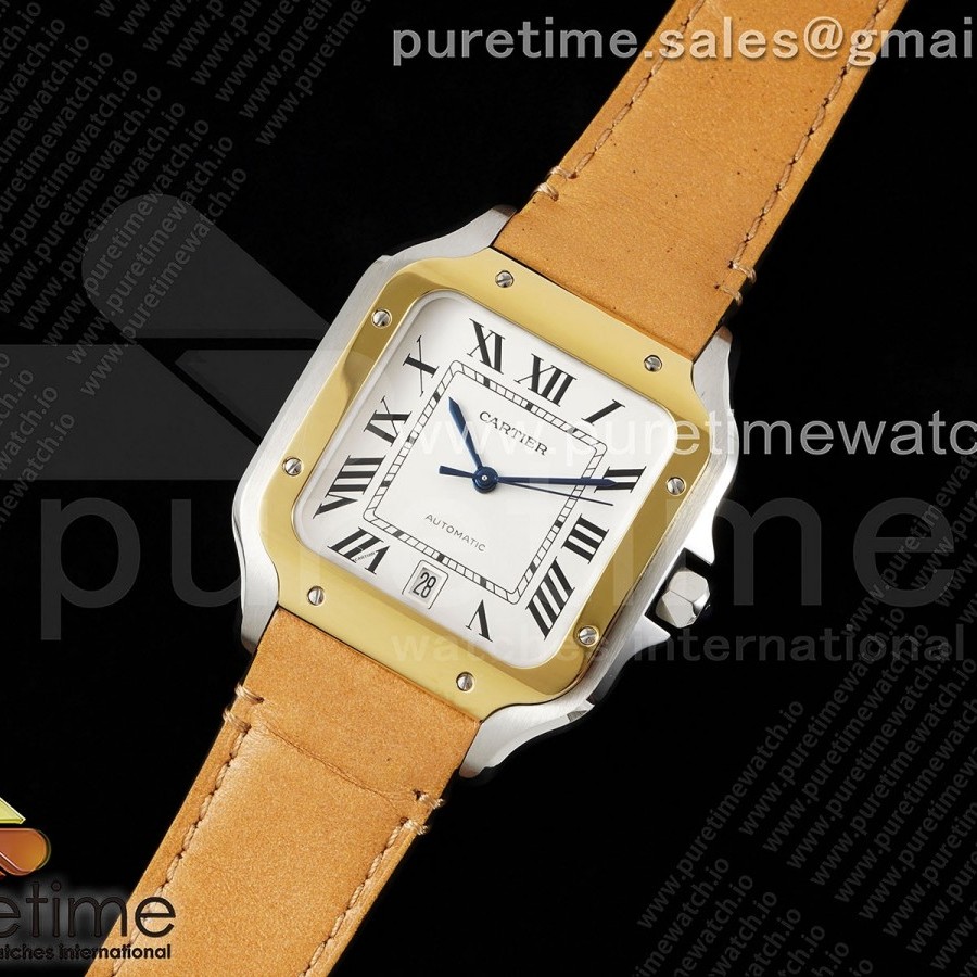 3K공장 까르띠에 산토스 라지 40 옐로우골드콤비 화이트다이얼 가죽스트랩 Santos de Cartier 40mm 3KF 1:1 Best Edition White Dial YG Bezel on Brown Leather Strap MIYOTA 9015