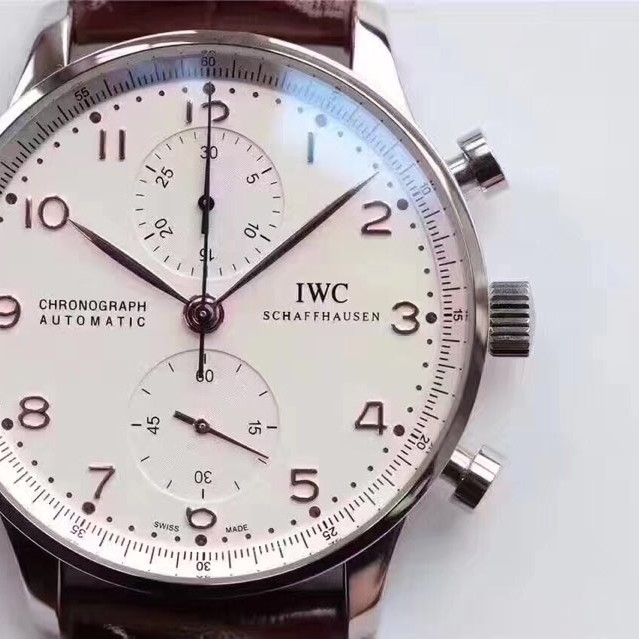 YL IWC 포르투기저 3714 스틸 화이트다이얼 로즈골드인덱스 브라운가죽스트랩