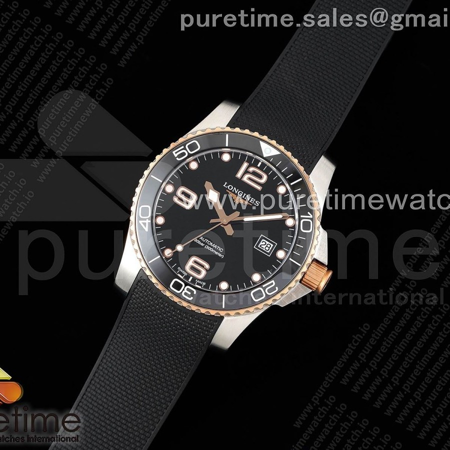 ZF공장 론진 하이드로콘퀘스트 로즈골드콤비 블랙다이얼 러버스트랩 Conquest SS/RG Black Ceramic Bezel SS ZF 1:1 Best Edition Black Dial on Black Rubber Strap A2824