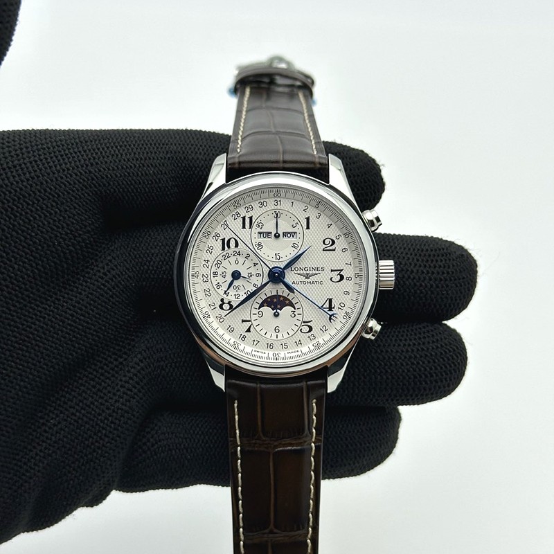 GS공장 론진 마스터컬렉션 문페이즈 스틸 화이트다이얼 가죽스트랩 MASTER MOONPHASE CHRONOGRAPH SS WHITE DIAL ON BROWN LEATHER STRAP A7751