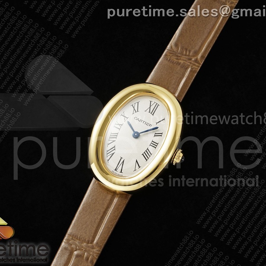 AF공장 까르띠에 베누아 옐로우골드금통 화이트다이얼 브라운스트랩 Baignoire Watch YG AF 1:1 Best Edition White Dial on Brown Croco Strap RONDA Quartz