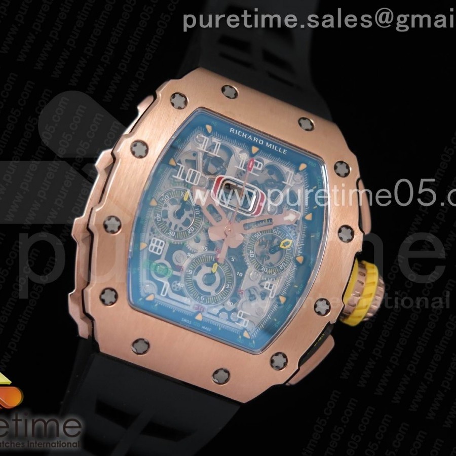 KV 리차드밀 RM011 풀로즈골드 크로노그래프 크리스탈스켈레톤 블랙러버스트랩 RM011 RG Chronograph RG Case Crystal Skeleton Dial on Black Rubber Strap A7750