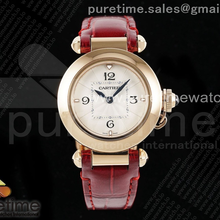 AF공장 까르띠에 파샤 30mm 로즈골드금통 화이트다이얼 레드가죽스트랩 Pasha 30mm RG AF 1:1 Best Edition White Textured Dial on Red Leather Strap Jaq Quartz