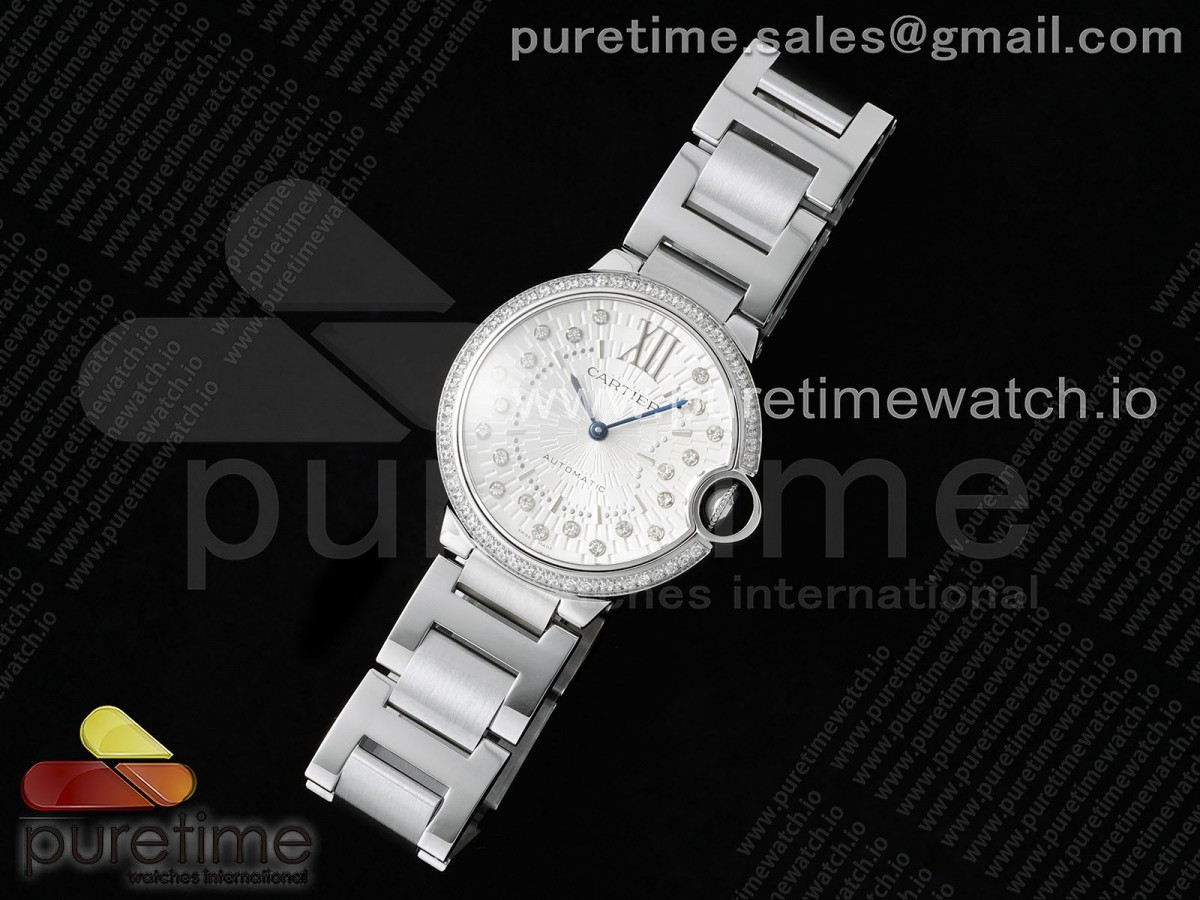 AF공장 까르띠에 발롱블루 36mm 실버텍스쳐다이얼 다이아몬드인덱스 다이아몬드베젤 브레이슬릿 Ballon Bleu 36mm AF 1:1 Best Edition Silver Textured Dial 1 Line Diamonds Bezel on SS Bracelet NH05B